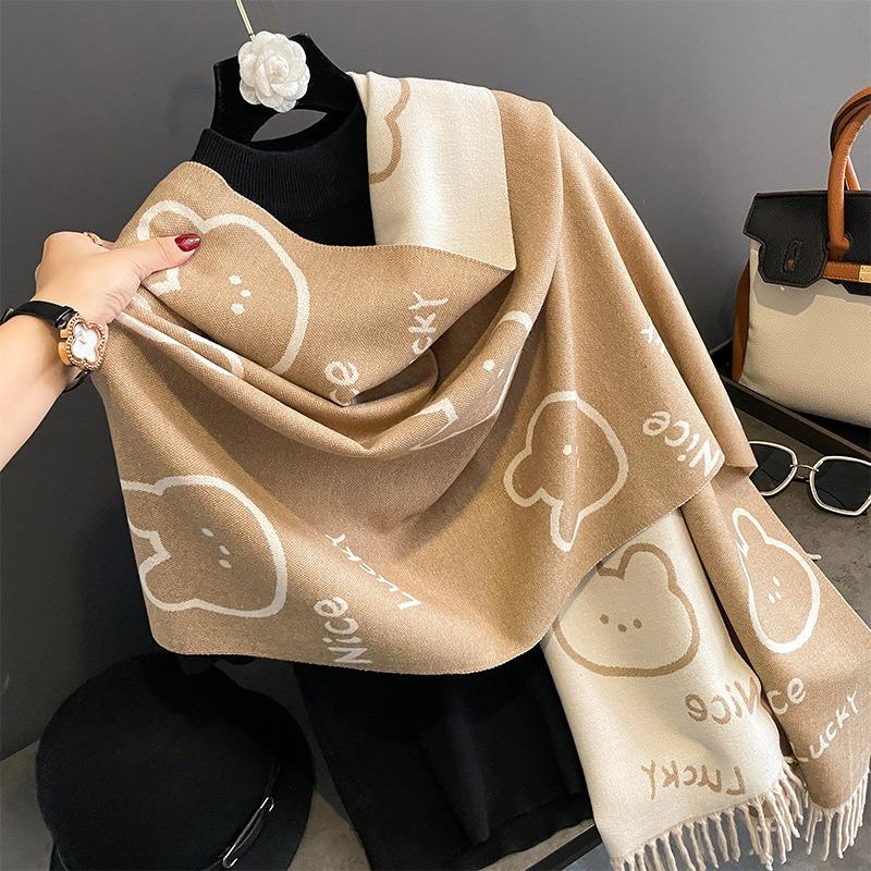 New bear head scarf cute print tassel fashionable B with retro autumn and winter warm shawl