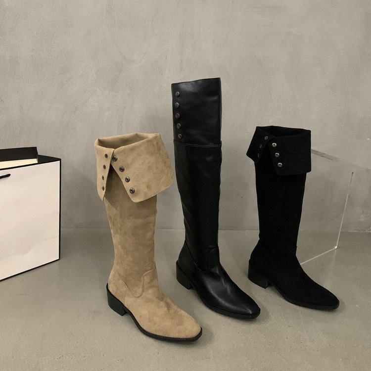 2025 New Spring and Autumn Stacking Boots Small Long Boots Wrinkled and Thin Suede Thick Heel Long Tube Two Wear Knight Boots