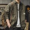 Autumn New Loose Casual American Vintage Work Jacket Men Solid Square Neck Button Pocket Badge Patchwork Long Sleeved Shirt