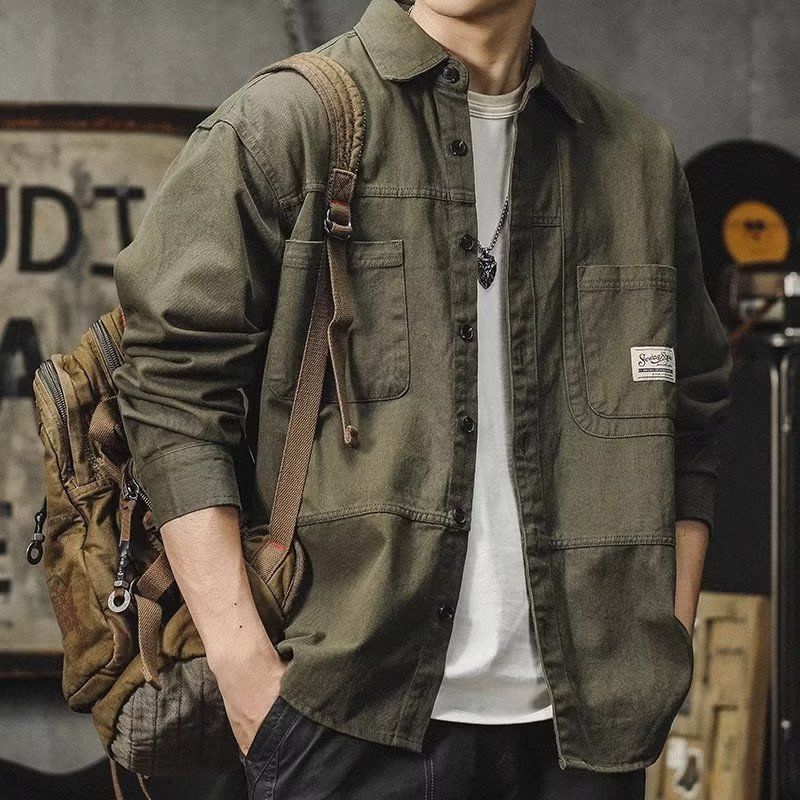 Autumn New Loose Casual American Vintage Work Jacket Men Solid Square Neck Button Pocket Badge Patchwork Long Sleeved Shirt