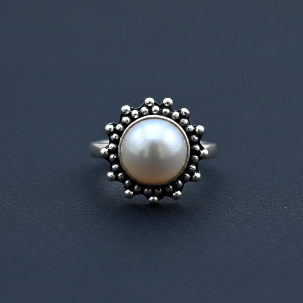 White Pearl Flower Ring, 925 Sterling Silver Jewelry, Handmade Minimalist Statement Boho Gemstone Ring