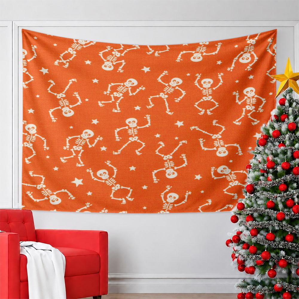 Dancing Skeletons on Orange Background Pattern Wall Hanging Tapestry Decorative Tapestry Home Decor for Bedroom and Living Room
