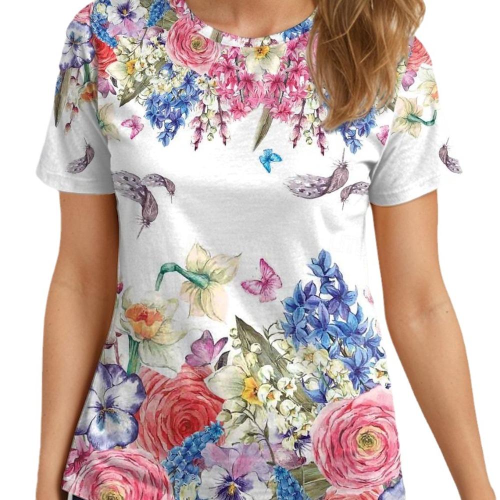 Colorful Floral Pattern 3D Digital Printing Women's Fashionable Round Neck Short Sleeved T-shirt