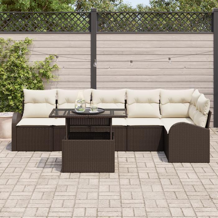 Ensemble Canapé Jardin 7 Pièces avec Coussins Marron Rotin Poly, Canapé Jardin 2 Places avec Rangement et Coussins Marron 3357391