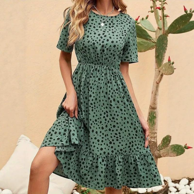 European and American summer new women's elegant and fashionable waist polka dot French crew neck short-sleeved dress