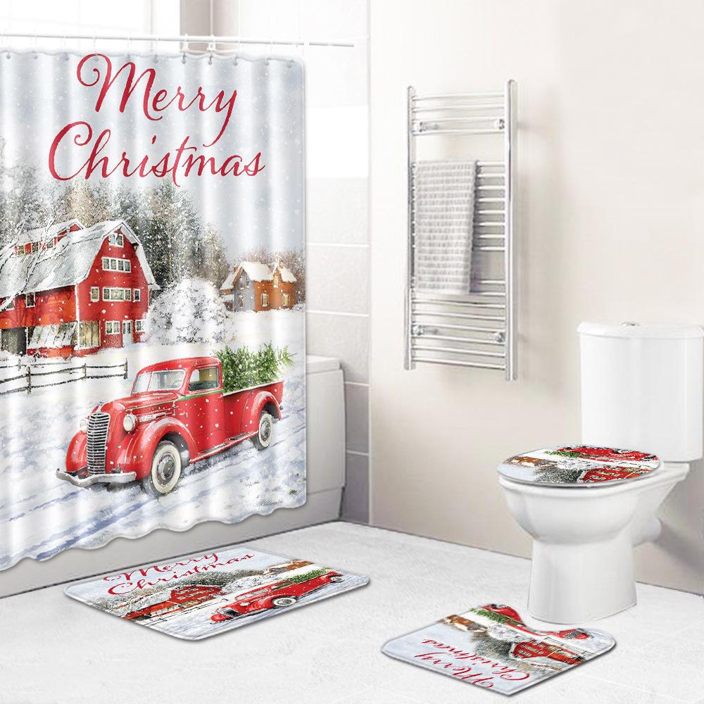 Christmas Toilet Seat Shower Curtain Four-Piece Printed Floor Mat Set Bathroom Floor Mat Bedroom Absorbent Door Mat Carpet