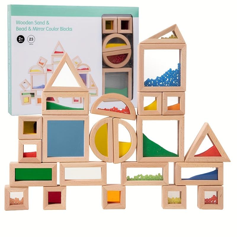 Sensory Wooden Building Blocks Set 15/23pcs Acrylic Rainbow Construction Toys, Made of Beechwood, Perfect for STEM Learning Gifts,Christmas