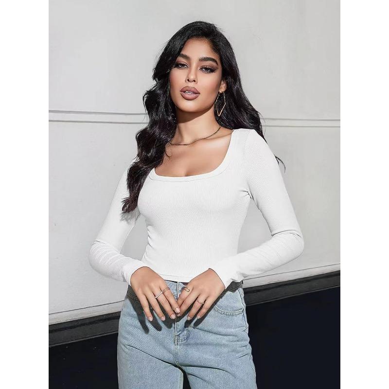 Women's Fashion Casual Spring Fall Solid Color Print Long Sleeve Square Collar Blouses & Shirts