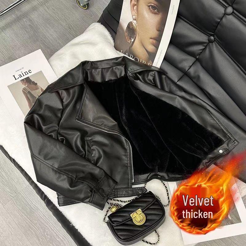 Women's European Style PU Leather Jacket with Velvet, Autumn Lapel Slimming Design