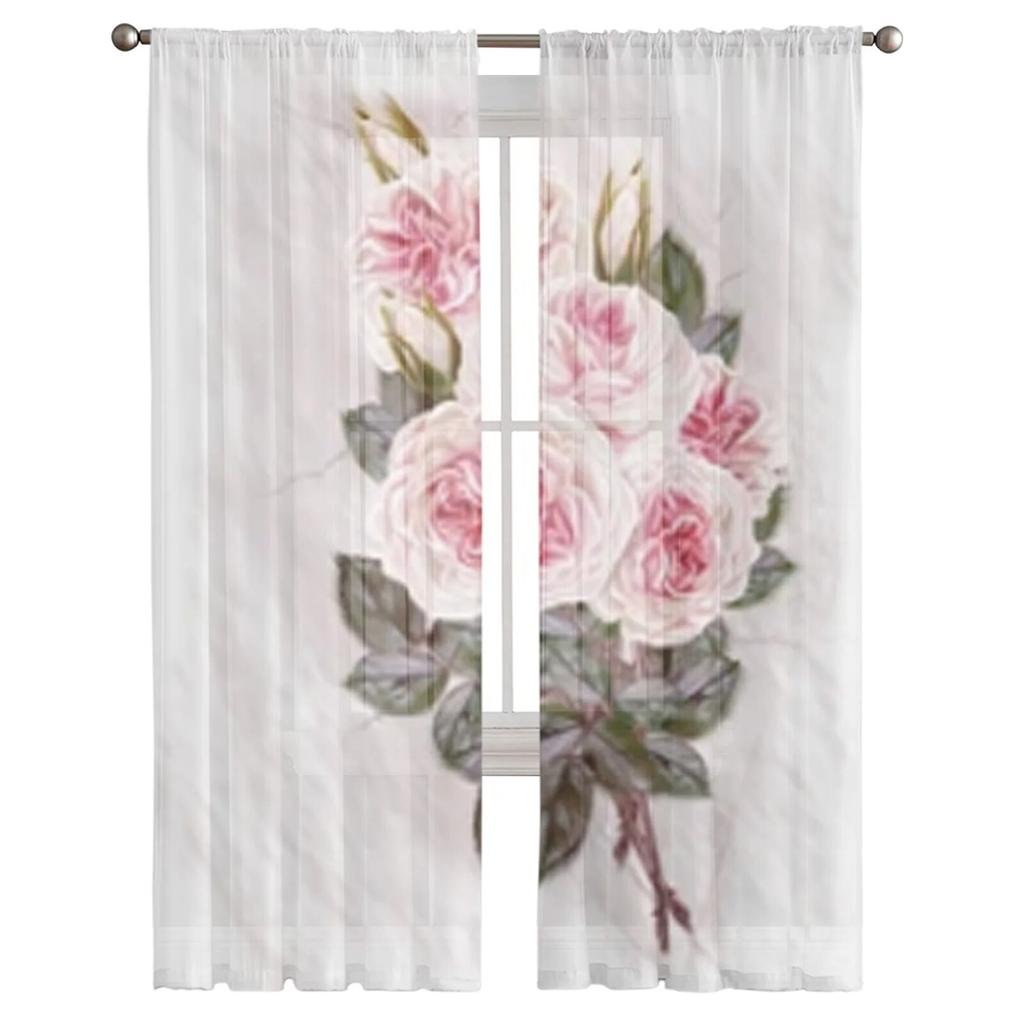 Vintage Bouquet Of Roses Sheer Curtains For Living Room Window Transparent Voile Tulle Curtain Bedroom Drapes Home Decor