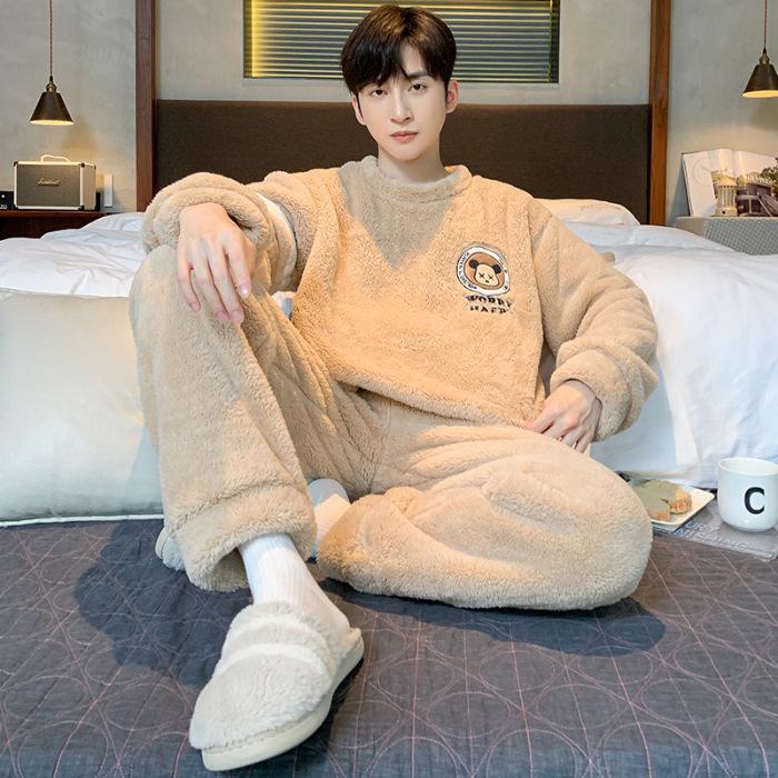 Men's Plush Cartoon Pajama Set - Round Neck, Long Sleeve, Warm Trousers, Perfect for Fall and Winter.