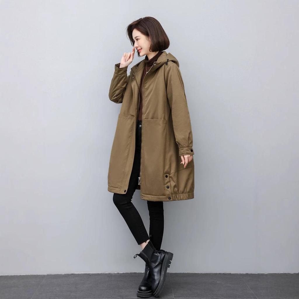 Women's 2024 Winter Fleece-Lined Hooded Parka: Loose Mid-Length Thickened Workwear Cotton Coat