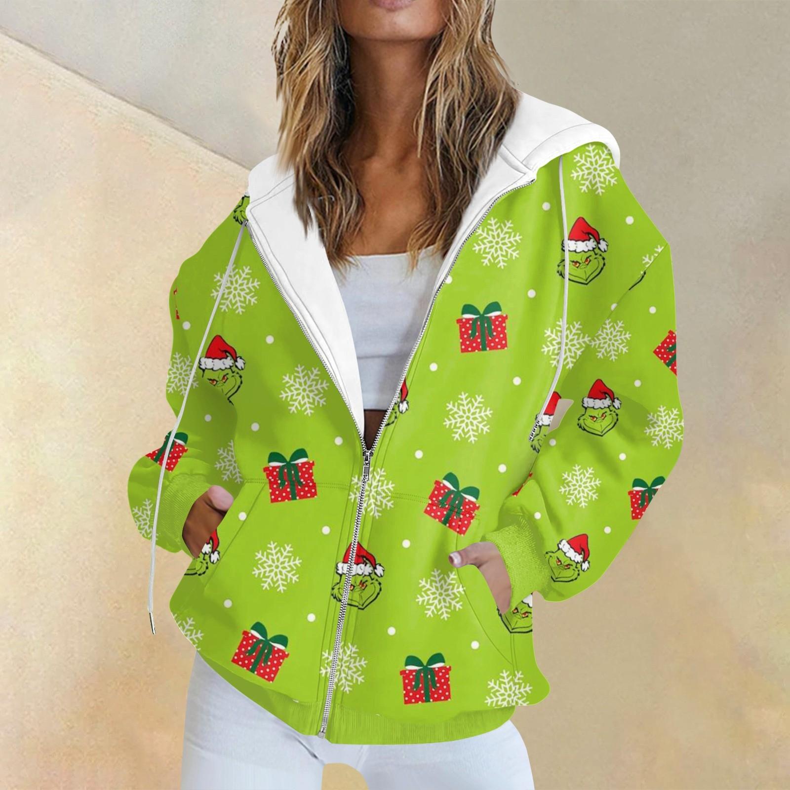 

Women s Fashion Casual Christmas Print Long Sleeve Sweatshirt Pocket Jacket Zipper Hoodie Coat XL