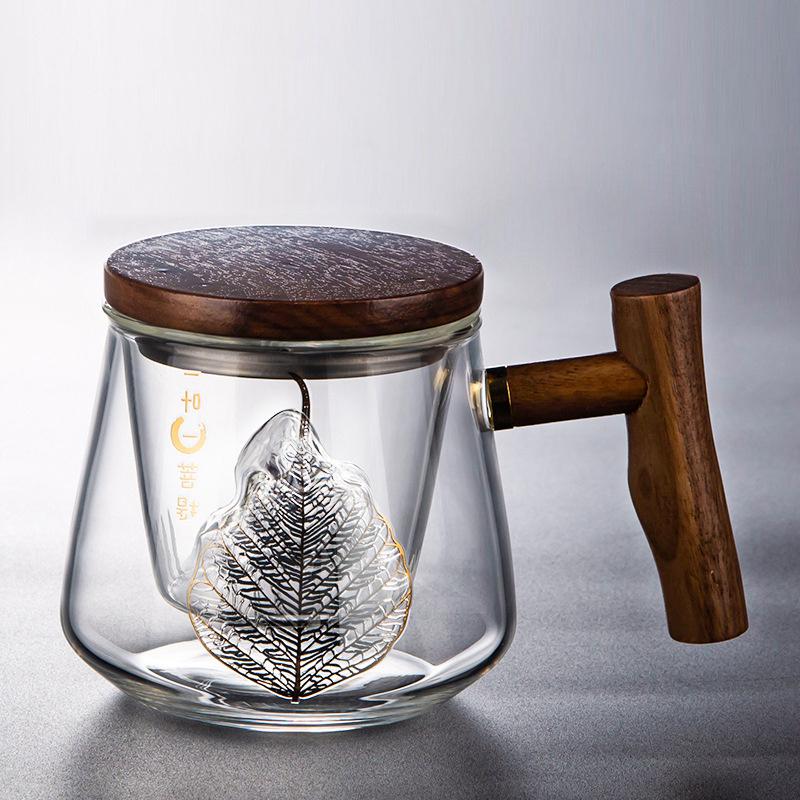 Szklany kubek do herbaty Zen Liść Bodhi 400 ml, złocony, z zaparzaczem i drewnianą rączką pokrywki, kubek do herbaty kwiatowej do biura, do oddzielania herbaty