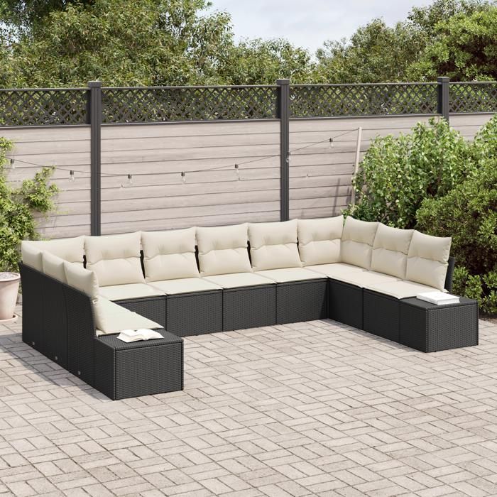VidaXL Ensemble de canapé de jardin de 10 pièces avec coussins Noir Poly Rattan 3347237