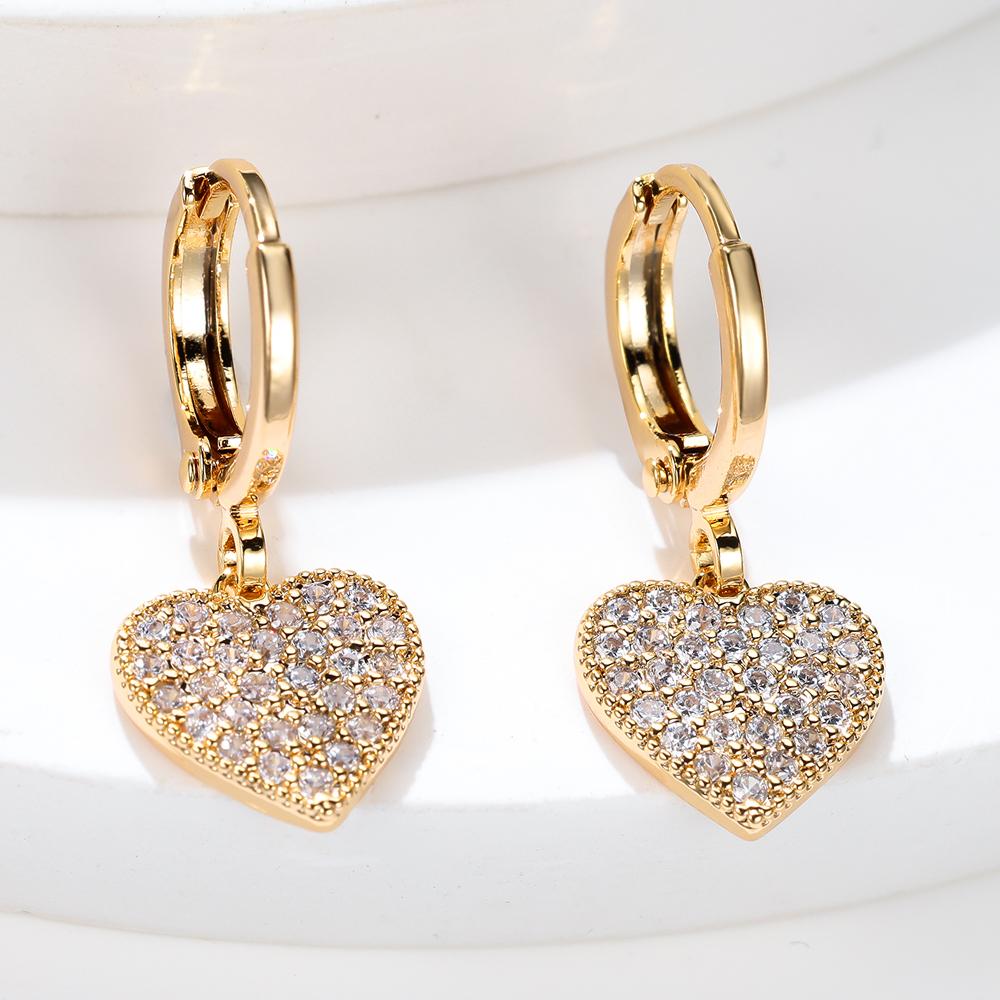 Luxury Female Love Heart Hoop Earrings Yellow Gold Color White Zircon Wedding  For Women