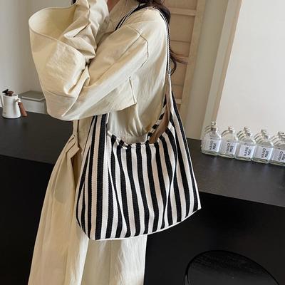 1 Piece Pure Color One Shoulder Women's Bag Large Capacity Canvas Tote Bag Stripesd Bucket Bag