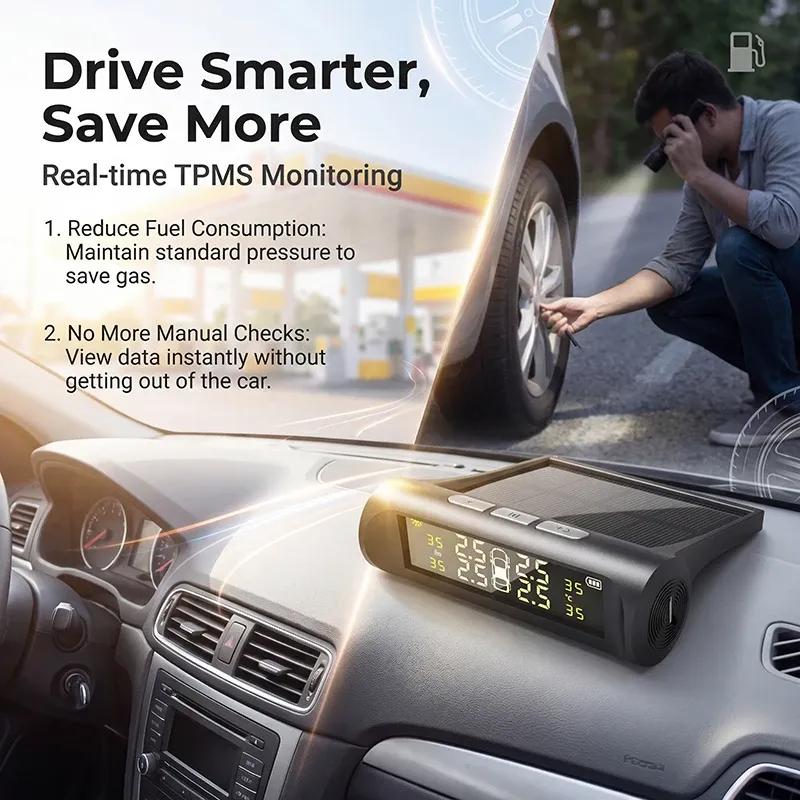 Universal Smart Car TPMS Tyre Pressure Monitoring Digital LCD Display System 4 Sensors Auto Security Alarm Solar Charging