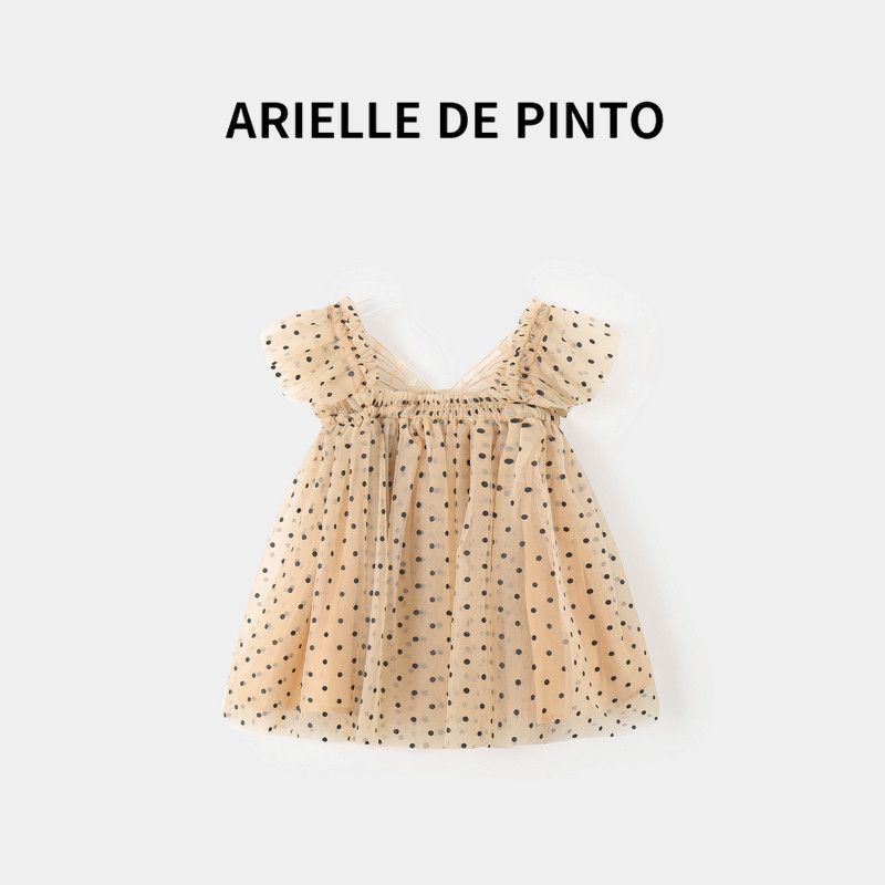 French Arielle De Pinto Girls Dress Summer Style Polka Dot Baby Girl Mesh Skirt Puffy Princess Dress Apricot color 130