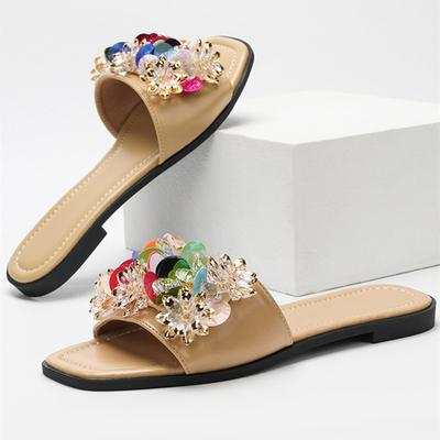 Mode Bunte Strass Blume Dekoration Flache Hausschuhe Damen Leicht Bequeme Pantoletten Sommer Strandsandalen für Damen