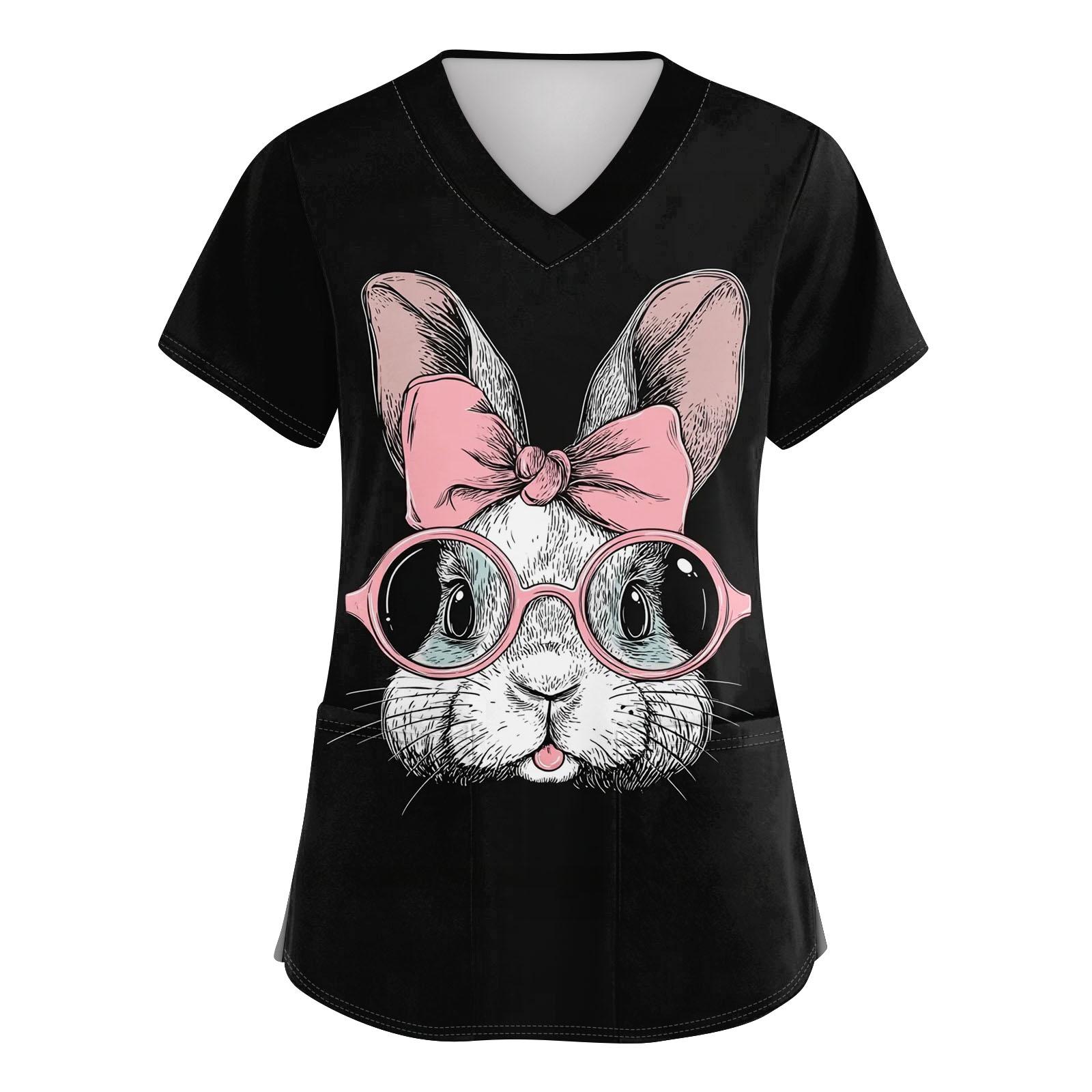 

Women s V-neck Cartoon Printed Short-sleeved Pocket Side-slit Protective Suit Top L чёрный