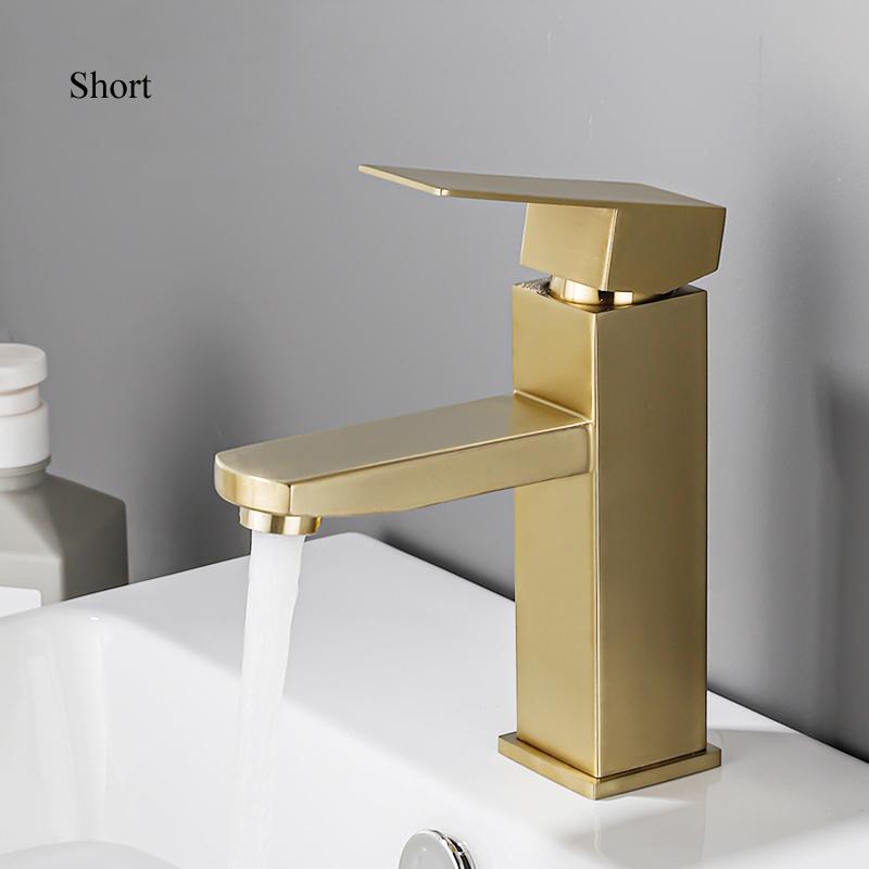

Современный смеситель для раковины в ванной комнате из нержавеющей стали с керамическим дном, квадратный, одно отверстие, матовый золотой, холодный и горячий, смесители для кухни