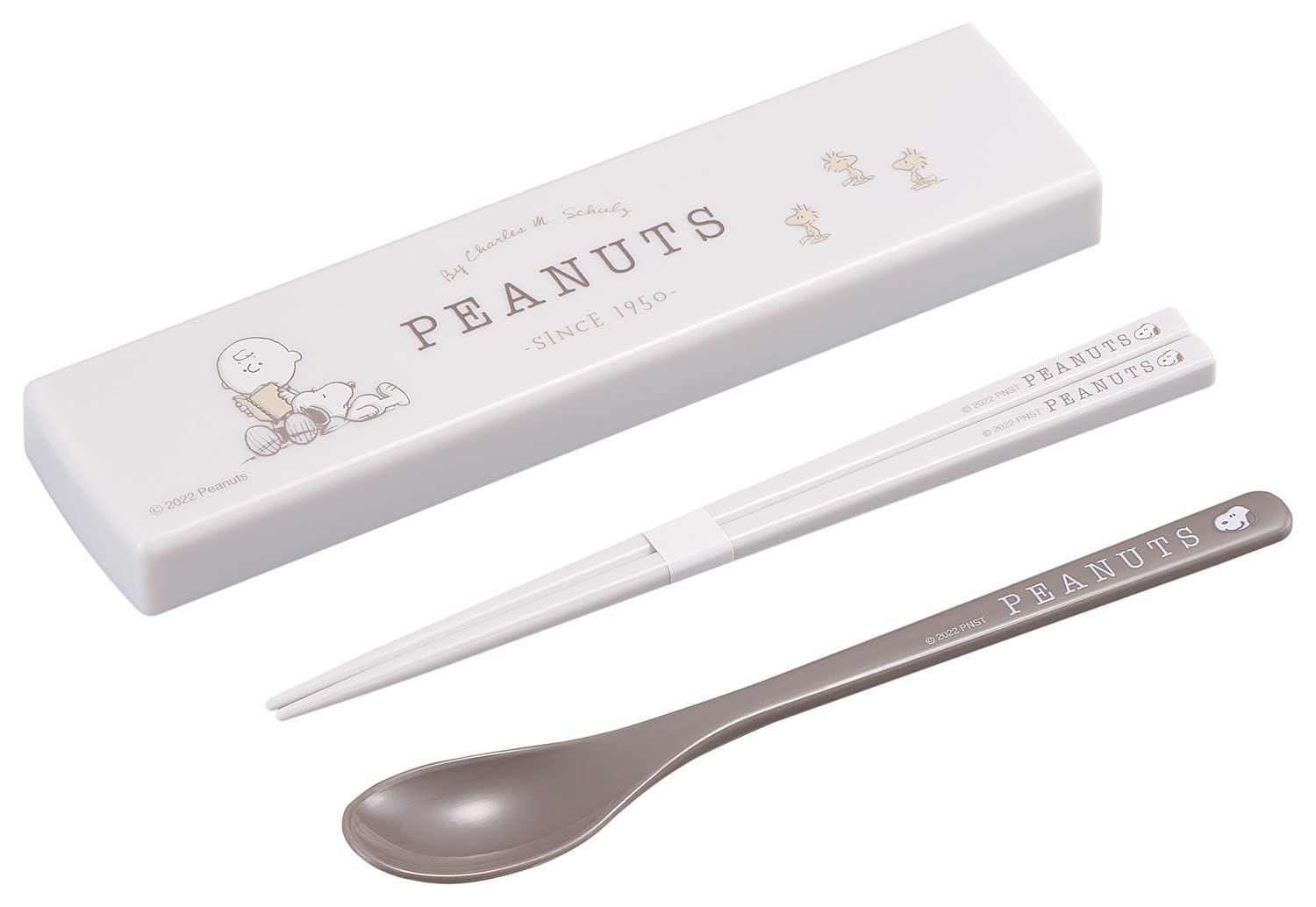 

OSK PEANUTS EVERYDAY Набор столовых приборов Snoopy с палочками для еды и ложкой с выдвижной крышкой, 18 см, Япония, подходит для начальной школы и легко моется в посудомоечной машине бежевый