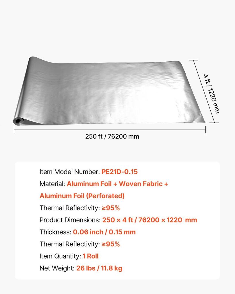 Double Reflective Insulation Roll, Perforated Woven Fabric Radiant Barrier, 0.15mm 76.2m x 1.22m, Double-Sided Aluminum Foil Heat Reflective Shield,