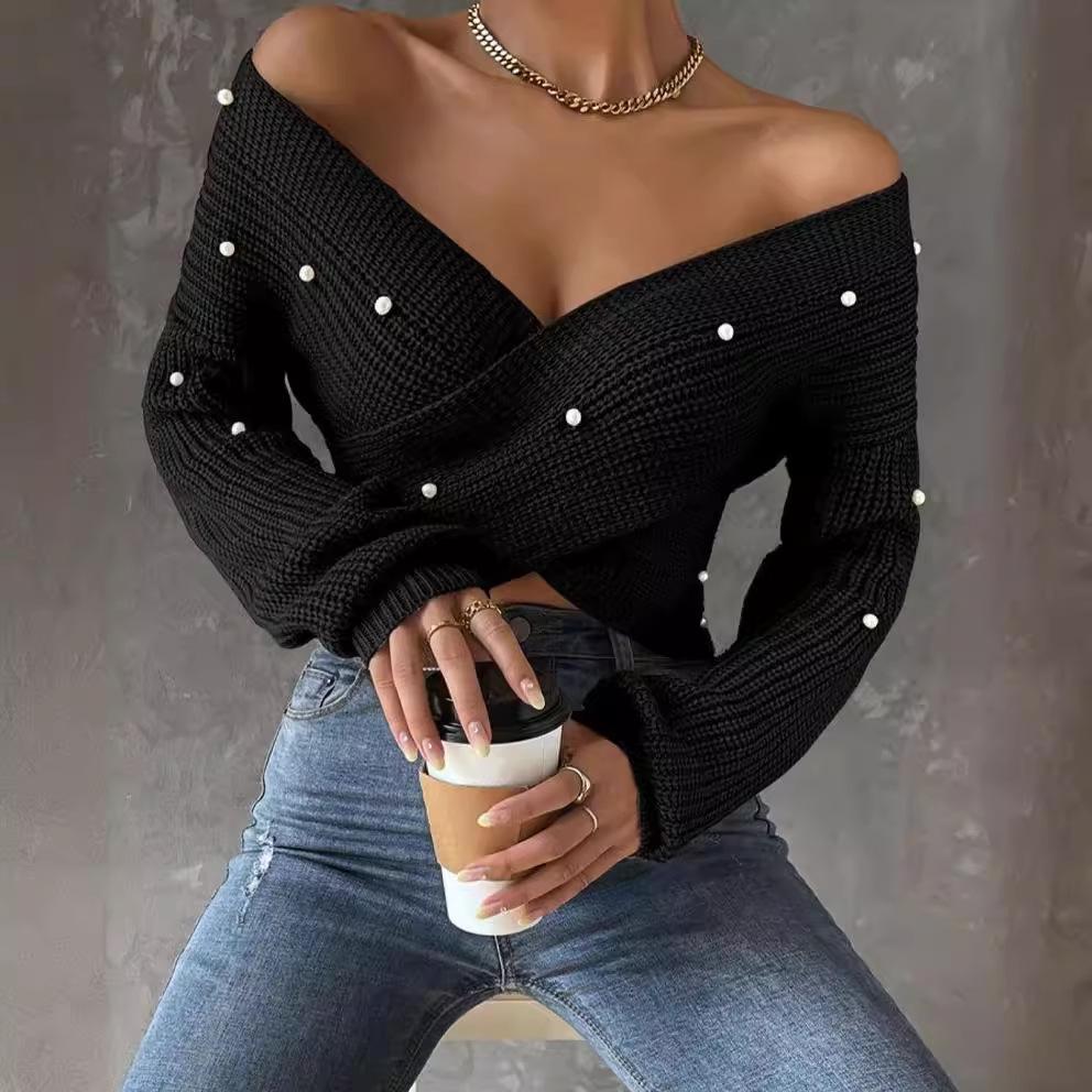 

Женский вязаный топ с открытыми плечами, расшитый бисером, облегающего кроя, на осень 2024 2XL чёрный