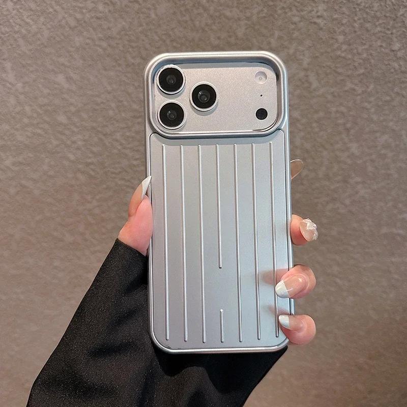 Coque de téléphone texture bagage rayée de luxe pour 18 17 16 15 14 13 Pro Max antichoc couleur titane brillante housse business iPhone17