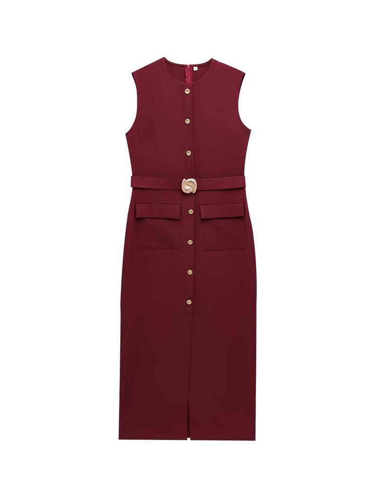 Women's European and American Style Sleeveless Midi Dress with Belt - Sexy Crew Neck for Spring