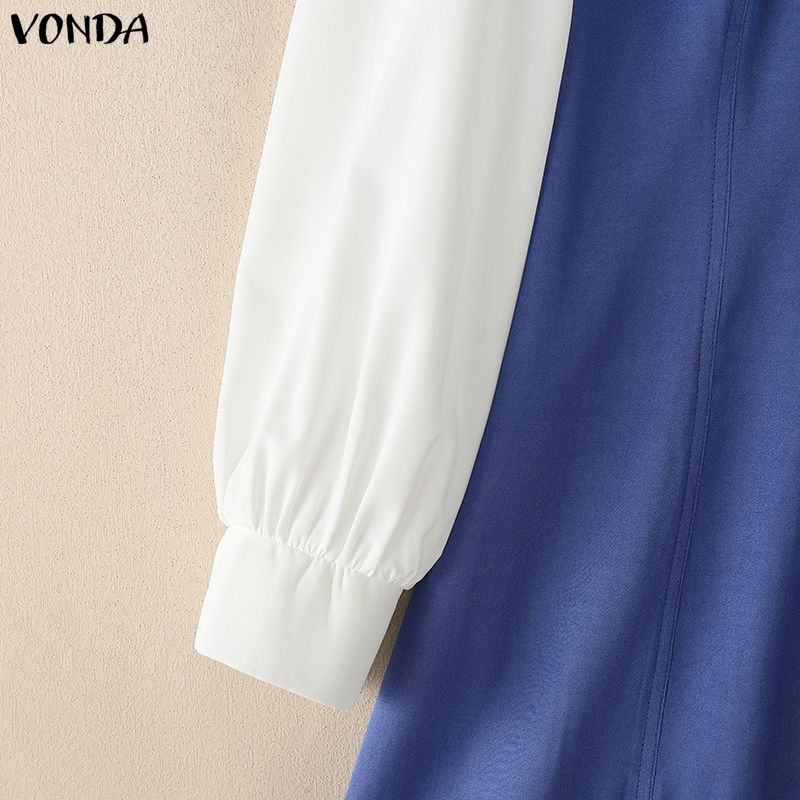 VONDA Womens Patchwork Dress Long Sleeve Doll Collar Bow Tie Ruffle Hem Button Down A Line Mini Dress