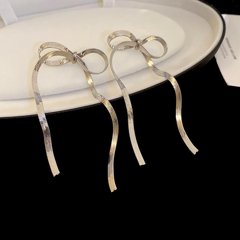 New Fashion Gold Color stainless steel Flat Snake Chain Knot Bow Earrings for Women Girls Bowknot Long Tassel Earring