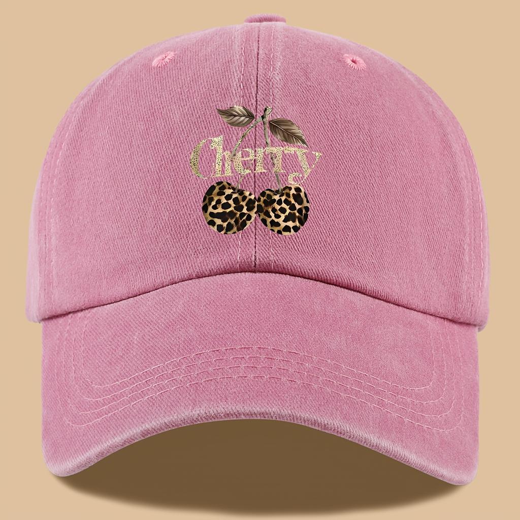 Leopard Print Baseball Cap Cherry Letters Unisex Daily Sun Hat Holiday or Birthday Gift for Cherry Enthusiasts
