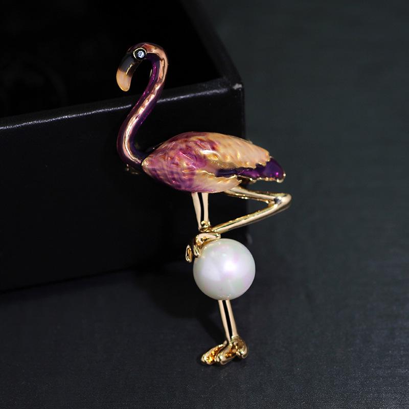 Cloisonné Flamingo & Pearl Brooch - Elegant Cartoon Pin Corsage