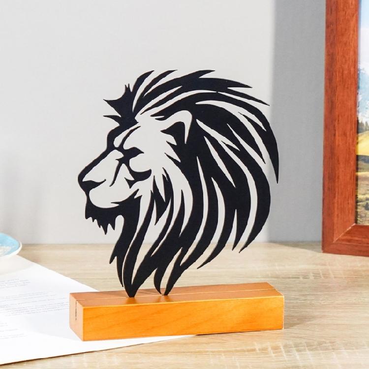 Metal Lion Statue with Wood Base Centerpieces Table Top Sign Hollow Out Iron Art Animal Sculpture Desktop Ornament Gift