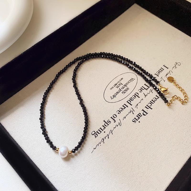New Arrival Elegant Natural Freshwater Pearl Black Crystal 14K Gold Filled Female Beads Chain Necklace  For Women Gifts