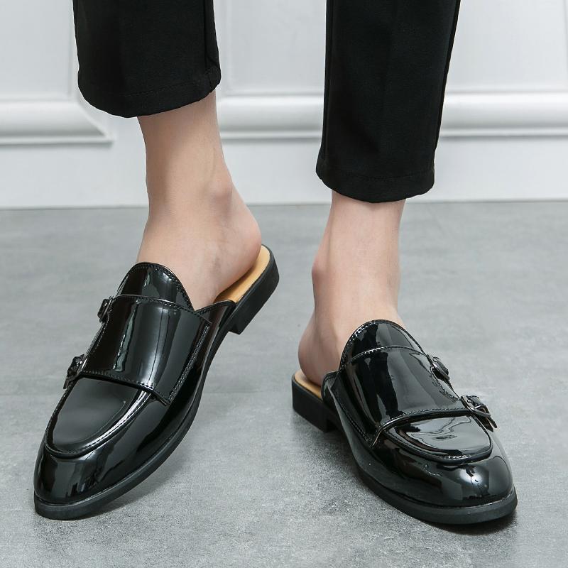 Black Half Shoes for Men Glossy Mules Slippers Leather Shoes Casual Shoes Men Fashion Social Masculino Mocassin Homme Chaussure