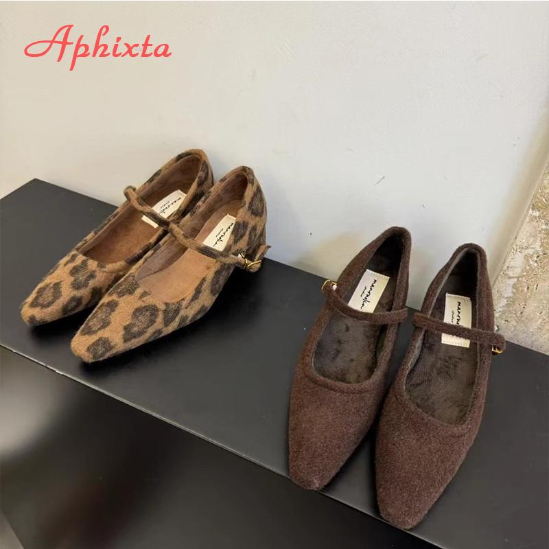 Aphixta Warm Flannel Mary Jane Shoes Leopard Sexy Party Dance Pumps Women Med Heels Buckle Pointed Toe Pumps