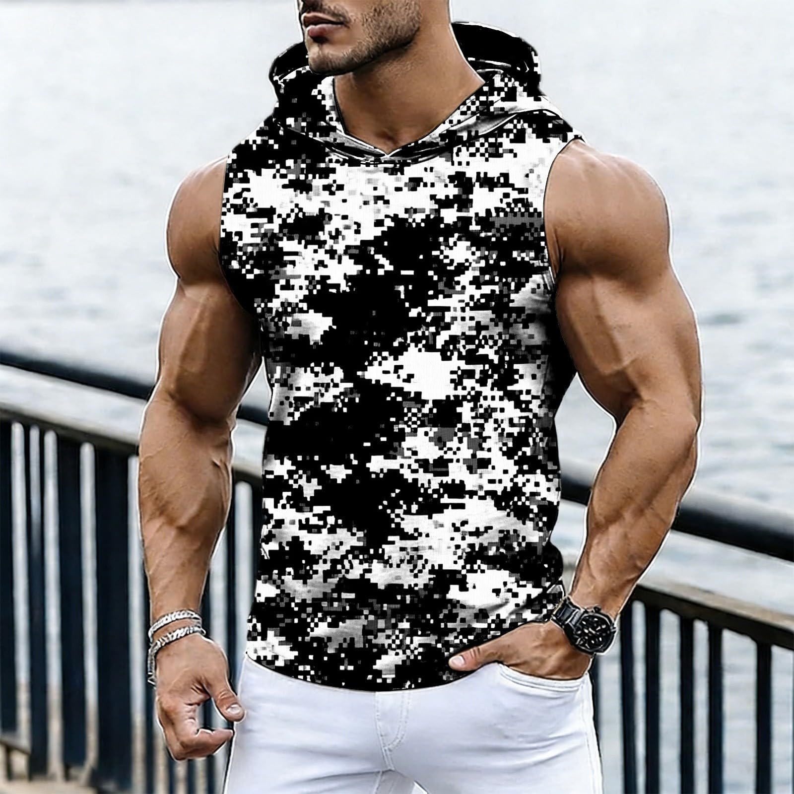 

Men s Casual Fashion Printed Sleeveless Hooded Tops | Lightweight Summer Hooded Tank Tops L чёрный