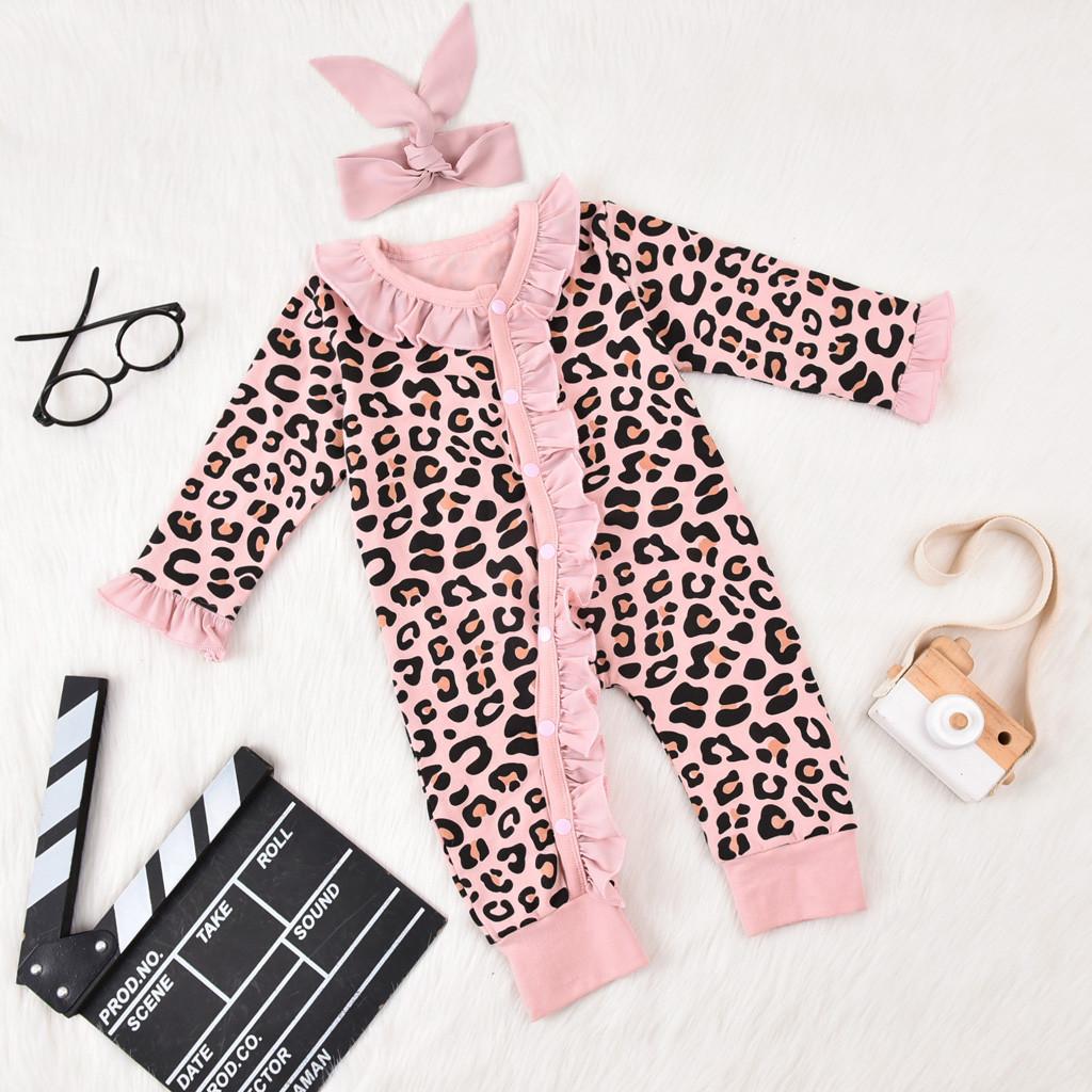 Noworodek Baby Flare Sleeve Leopard Printed Kombinezon Romper + opaski