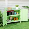 Wood Garden Storage Cabinet, Outdoor Tool Shed, Potting Bench Table with galvanised Top and Two Shelves for garden Tools or Pool Accessories, Green