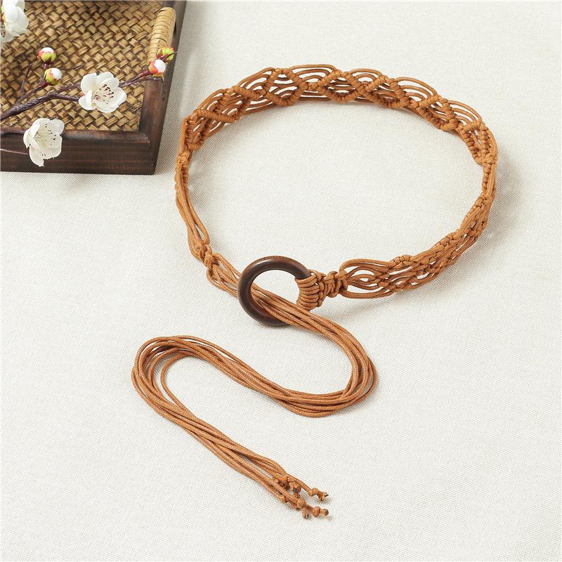 Boho Style Wax Rope Handmade Wood Ring Braided Belt Ethnic Style Dress Belt