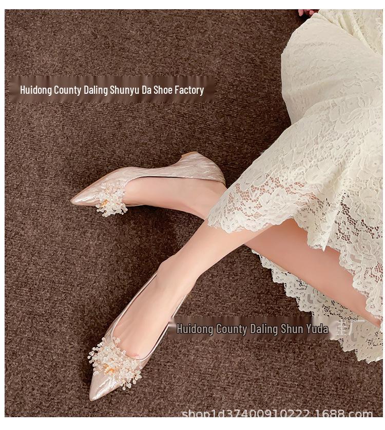 Franska Silver Pärla Strass Bröllopsballerinaskor Högklackade Skor Dold Klack Skor för Kvinnor