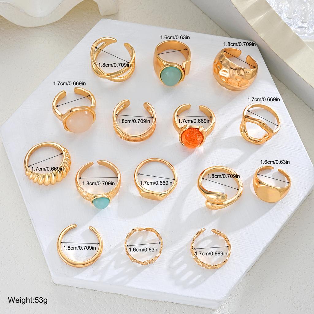 15Pcs/Set Vintage Luxury Irregular Metal Open Ring for Women Men Boho Colorful Acrylic Rings Elegant Daily Party Jewelry Gifts