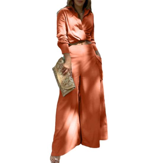 

Жіночий комплект з 2 предметів Повсякденний Кроп-сорочка з довгим рукавом, лацканами, V-подібним вирізом, Широкі штани, Комплект для matching, Осінь, Весна, Подорожі, Домашній костюм XL помаранчевий