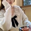 Šedý svetr s barevnými bloky a pleteným límcem s mašlí – Korejský styl, měkký svetr pro ženy