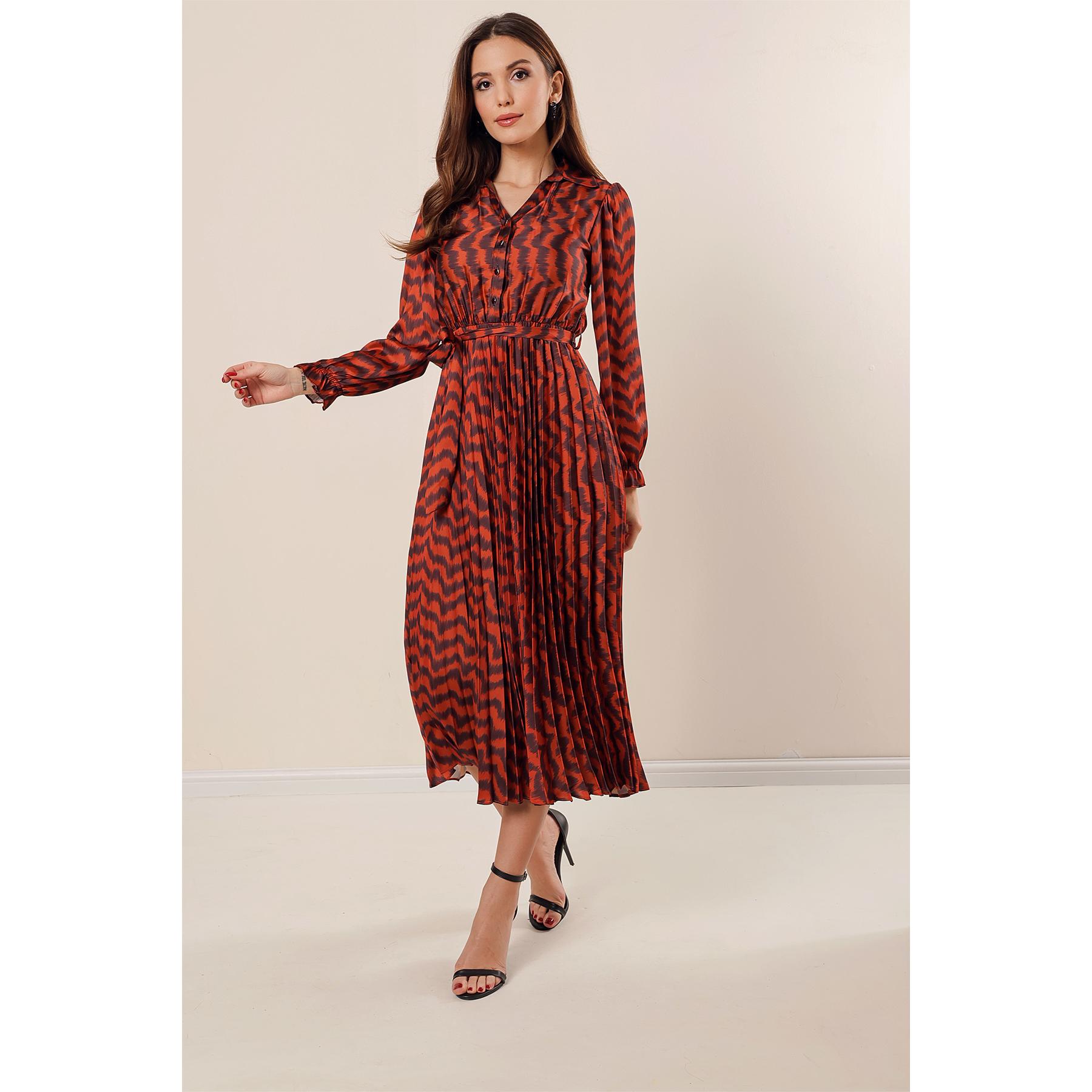 

Половина пуговиц спереди с поясом на талии Плиссированное атласное платье с подкладкой и узором