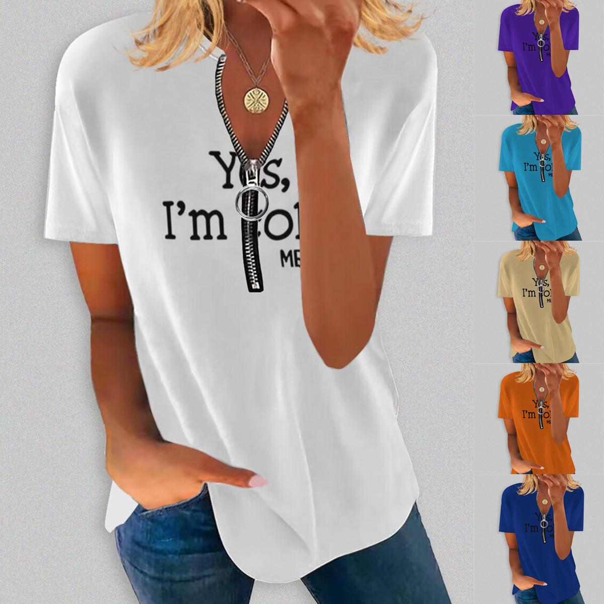 

Лето 2023, новая мода, женский топ с короткими рукавами и принтом, v-образным вырезом, застежкой-молнией, повседневный, больших размеров, S-2XL