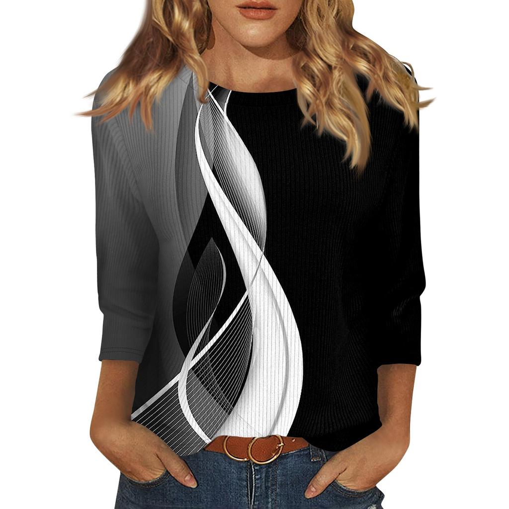 Women's Fashion Casual Round Neck Three Quarter Sleeve Printed T-Shirt Top